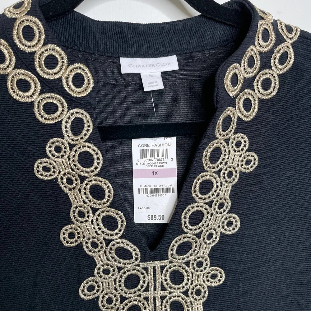 Charter Club Women's Plus Size 1x Tunic Top Black Gold Textured Ribbed 3/4 - Picture 2 of 4